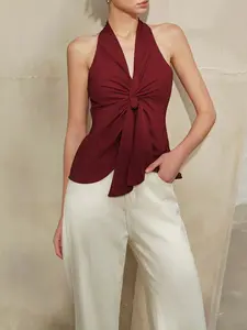 Women's Halter Neck Tie Front Top, Casual Fashion Sleeveless Knit Fitted Blouse, Comfortable and Stylish, Perfect for Daily Wear