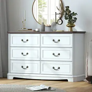 Farmhouse Dresser For Bedroom,6 Deep Drawers Dresser With Vintage Metal Handle,Wooden Dressers And Chests Of Drawers For Bedroom,Living Room Back To School Dormitory Storage
