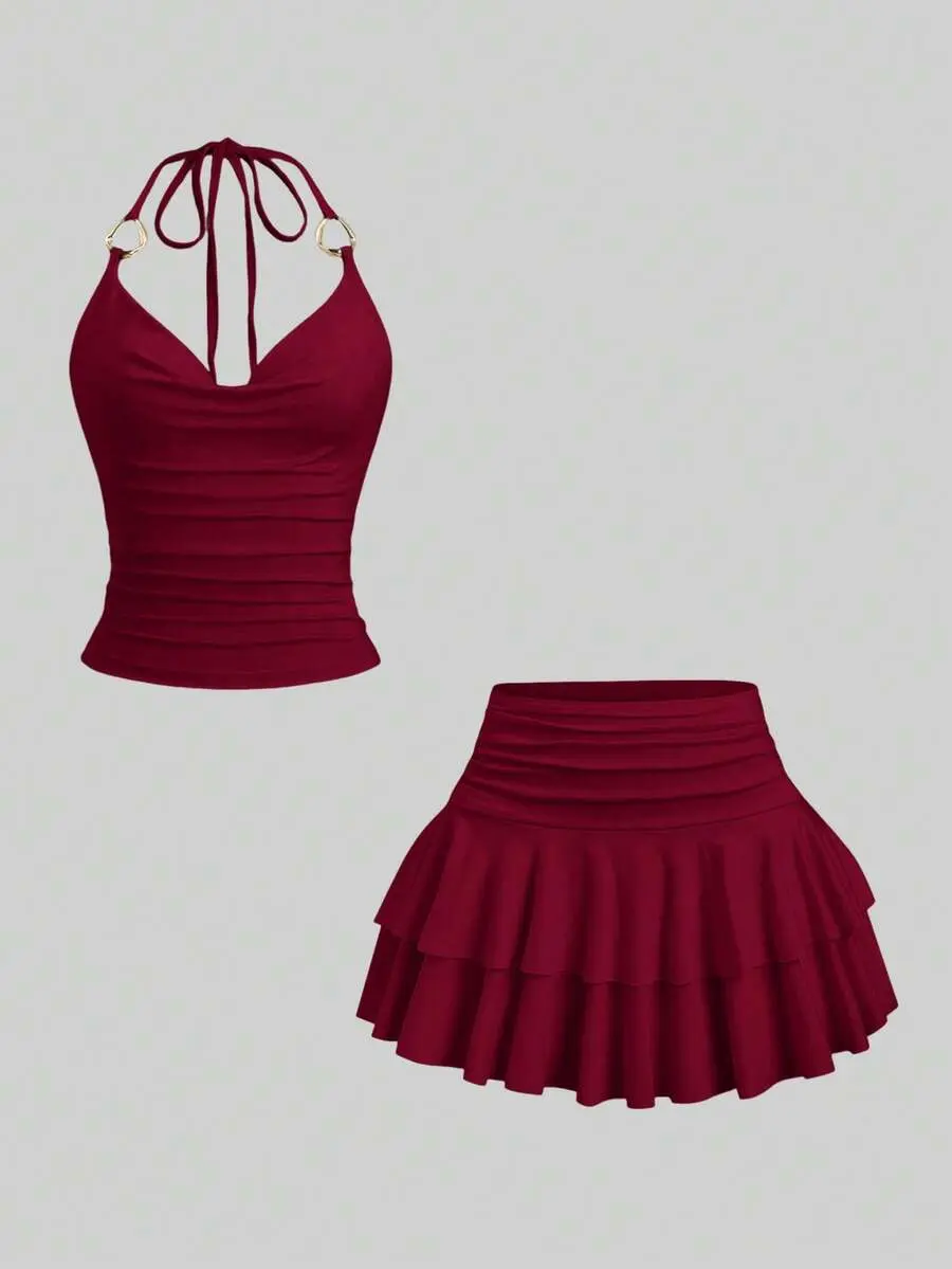 Women's Halter Neck Two-Piece Outfit with Metal Accent Tank Top and Layered Mini Skirt for Summer Vacation and Casual Wear