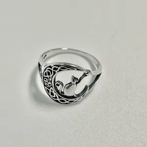 Sterling Silver 925 Crescent Moon Cat Ring