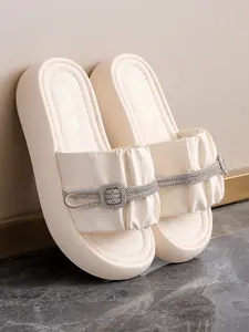 Coquette Cream Puff Platform Slides, Bling Buckle Soft Sandals, Casual PU Leather Slippers, Rubber Sole, Plain Pattern, Less Than Ankle Height