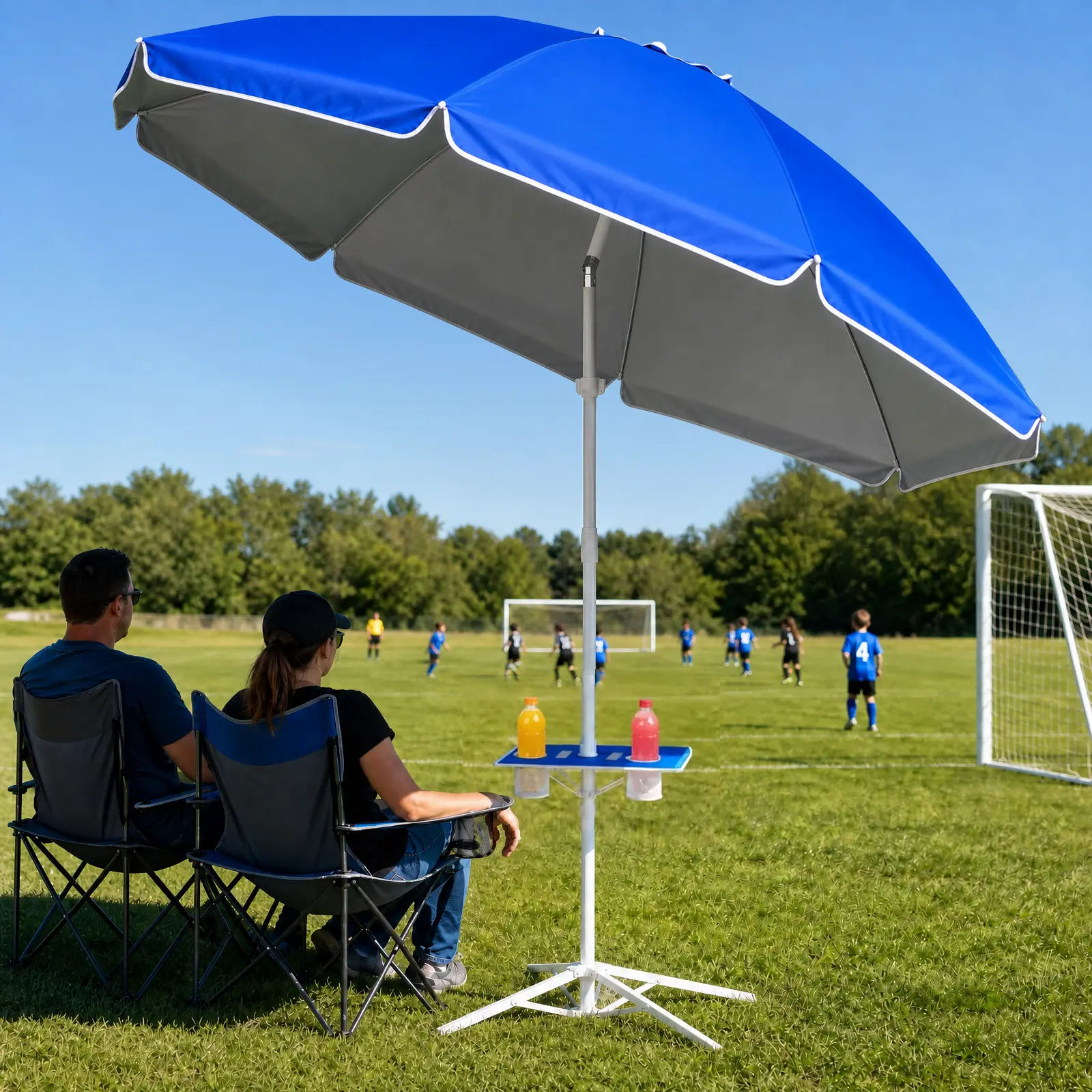 Portable Umbrella with Base Stand, UPF 50+ Outdoor Sun Shade Umbrella with Carry Bag, Built-in Hook & Cup Holders, Adjustable Instant Sun Protection for Game, Sports, Backyard, Patio, Camping, Beach, Fishing, Royal Blue, Summervibes, DealsForYouDays