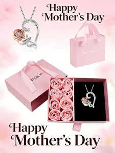 This gift box contains a soap flower and a heart-shaped rose pendant necklace. This creative square gift box with a handle makes it the perfect gift for a birthday or Mother's Day, Heart Design Necklace, Dainty necklaces
