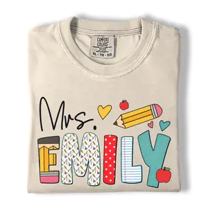 Comfort Colors Personalized Teacher Name Shirt, Kindergarten & Elementary Teacher Shirt, Custom Mrs School Supplies Graphic Tee, Back to School Gift
