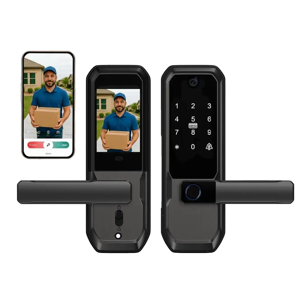 UMIKSMART Video Smart Door Lock with Doorbell & Camera, 6-in-1 Keyless Entry Door Lock with Handle, Fingerprint DoorKnob with Keypad, App Remote Control Smart Deadbolt for Apartment Condos Office Front Door,WiFi Electronic Door Lock,Lever Door Lock