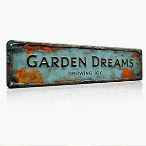 Rustic Garden Decor Metal Aluminium Sign - "Garden Dreams Growing Joy" - Vintage Farmhouse Wall Art for Patio, Porch, Shed, Outdoor & Home Decor, 16x4 Inch