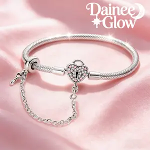 Heart Lock Safety Chain Bracelet, 925 Sterling Silver, Pink Paved Heart-Shaped Lock, Romantic Jewelry Chain, Everyday Wear Women’s Snake-Bone-Shaped Bracelet