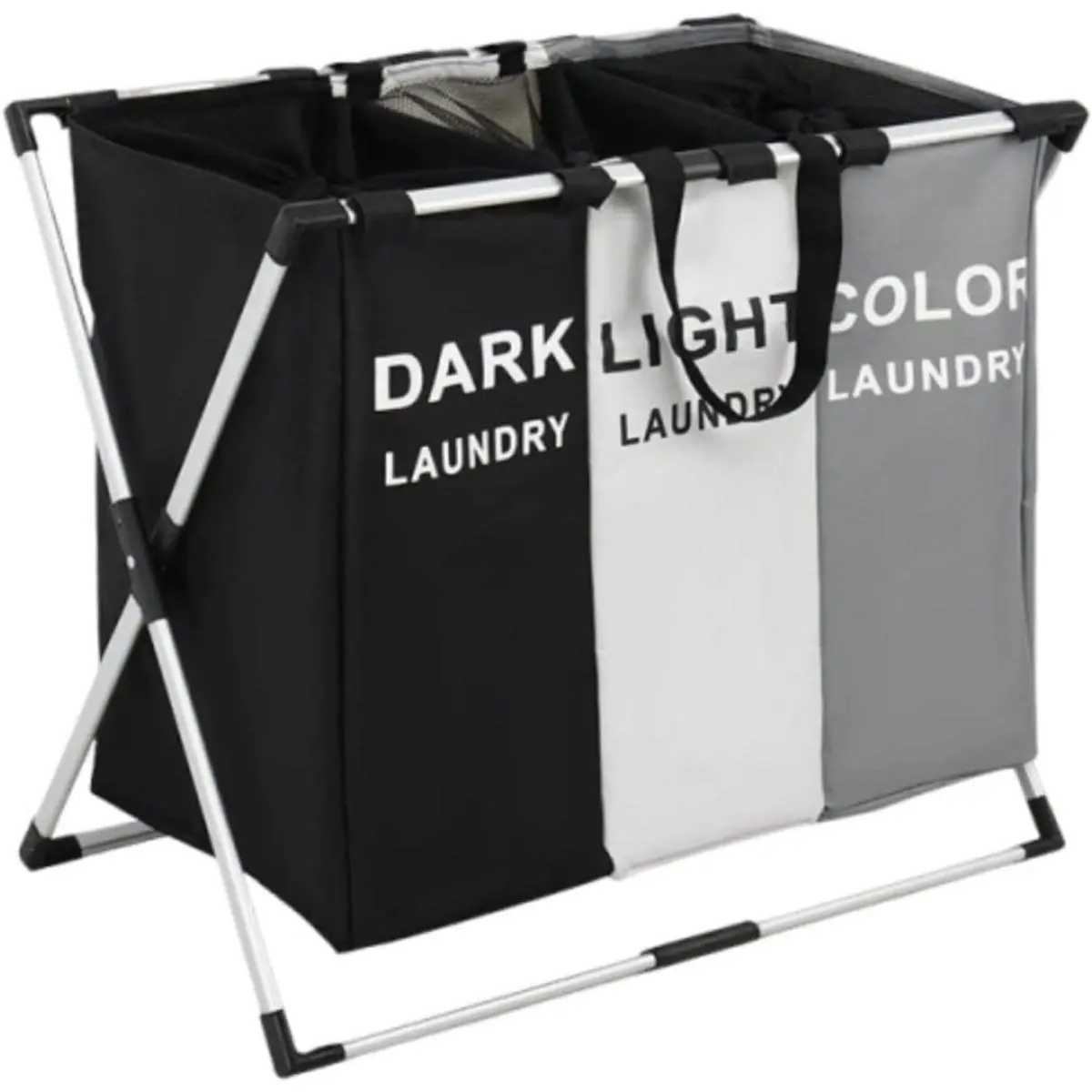 3-Section Foldable Laundry Basket Sorter with Waterproof Oxford Bags & Sturdy Aluminum Frame – Space-Saving Hamper Organizer for Laundry Rooms, Dorms & Closet Storage