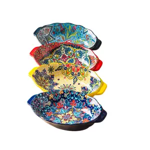 Bohemian Style Ceramic Salad Deep Plate Set, 4-Piece 9.3 Inch Plates with Dual Handles, Oven & Microwave Safe, Ideal for Pasta Desserts, Salad Serving Plates