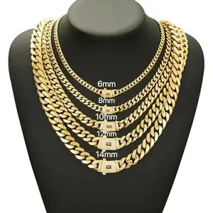 [Set] 14K Real Gold-Plated Cuban Necklace & Bracelet with Miami Link Chain Stainless Steel Thick Anti-Friction Chain and Diamond Clasp for Men and Women 6/8/10/12/14MM Colorfast Waterproof Thickened Hip Hop Jewelry Black Friday