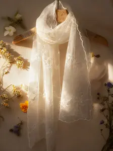 Lace Long Scarf with Embroidered Flowers, Floral Embroidered Scarf, Vintage Style Silk Shawl, Versatile Wrap for Travel, Essential Accessory