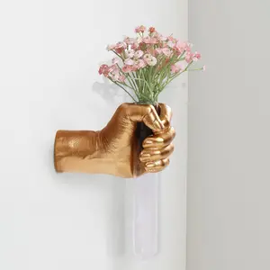 Gold Wall Sculptures Hand Vases Home Decor Wall Mount Art Sculpture Unique Wall Art Statue Funky Flower Vase Modern Eclectic Hanging Glass Test Tube Vase