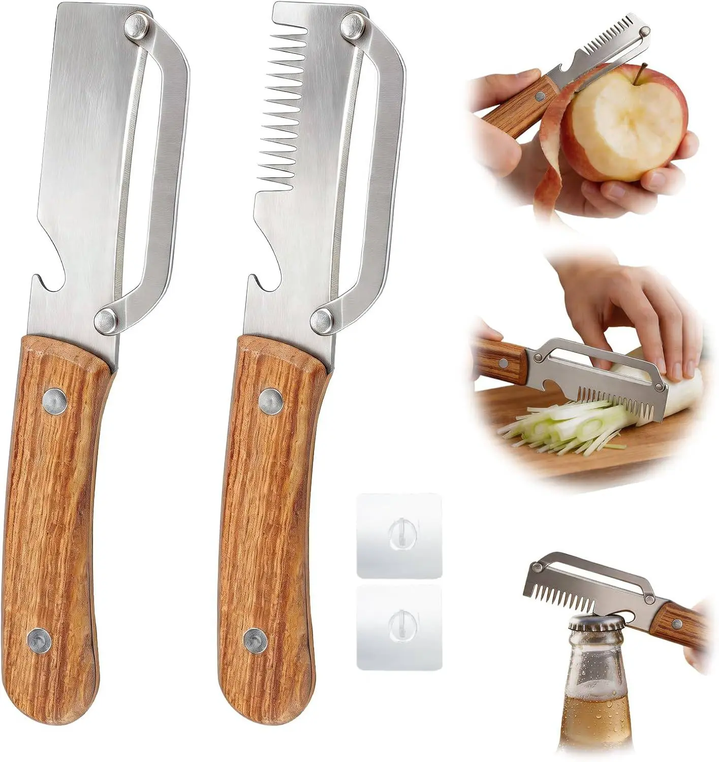 2 pcs 3-in-1 multifunctional stainless steel peeler, with wooden handle and stainless steel blade, equipped with 2 hooks, used for peeling potatoes, cutting scallions or opening bottles, suitable for home or outdoor cooking