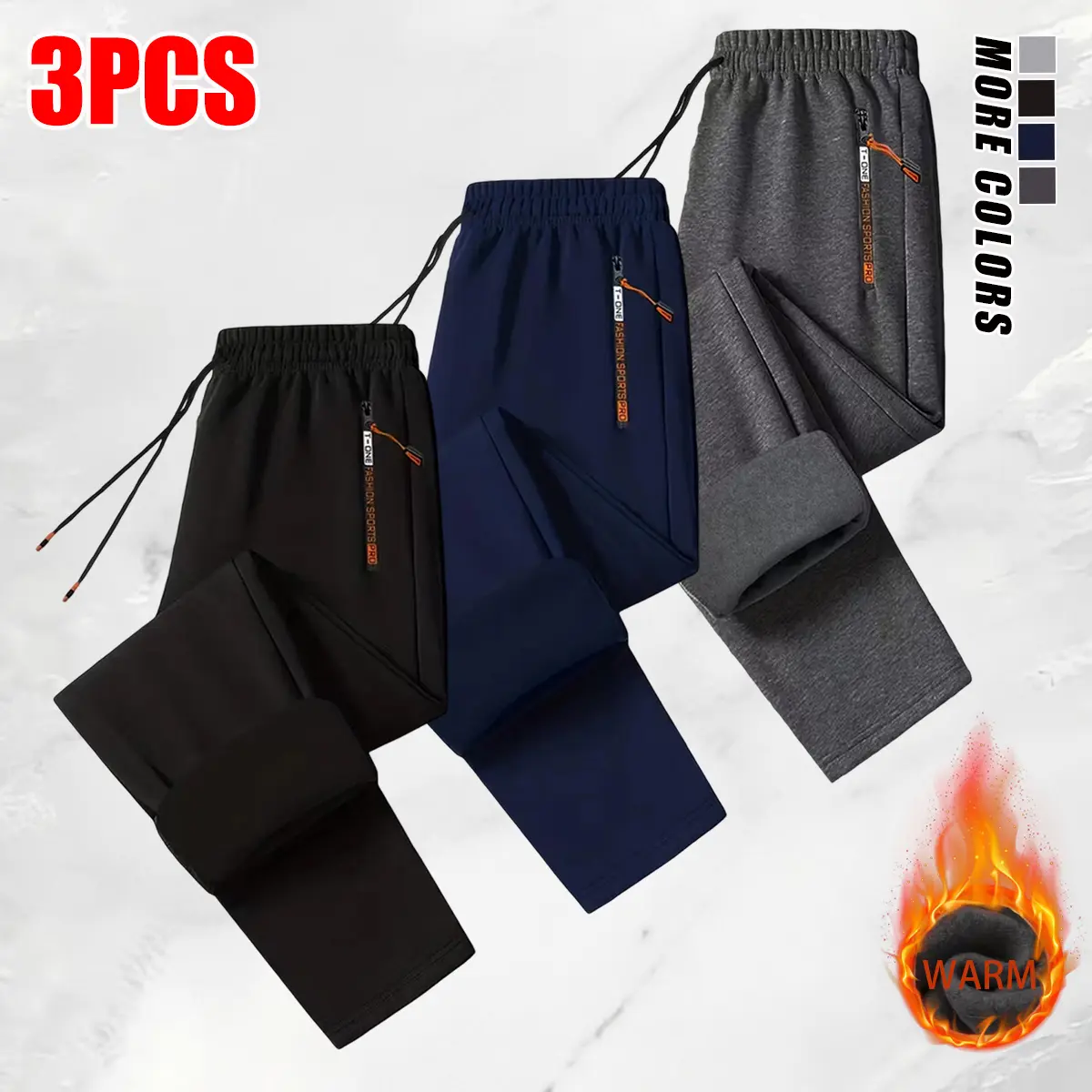 Men’s 3-pack warm winter sports pants with fleece lining, elastic drawstring waistband, zippered side pockets, thick insulated athletic long pants suitable for travel, workouts, streetwear, and everyday casual wear.