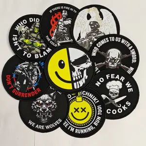 9Pcs Funny Graphic Tactical Morale Printed Fabric Patches Set - 3.35in Round Removable Hook Loop Badges with Contrast Wolf & Skull Designs, for MOLLE Backpack, Vest, Sewing Accessories Use Impact