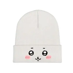 Chiikawa Cute Beanie Face Hat with White and Pink Design, Soft Knit Material, Cute Face Illustration