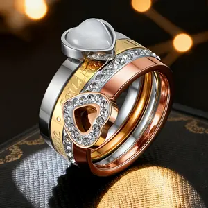 4PCS multi-layered heart-shaped rings inlaid with rhinestones, stainless steel three-color combination, personalized four-in-one detachable heart-shaped full-rhinestone rings, suitable for daily and vacation wear
