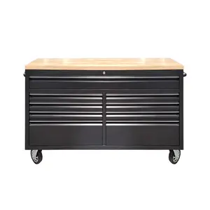 GARVEE 61" Rolling Tool Chest with Rubber Wood Top - 9-Drawer Mobile Workbench, Lockable Metal Storage Cabinet with 4 Heavy-Duty Wheels for Garage Workshops, Black