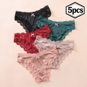 5 Pcs Women Lace Sexy Panties Perspective Underwear Low Waist Mesh Ladies Briefs Solid Breathable Female Underpants Lingerie