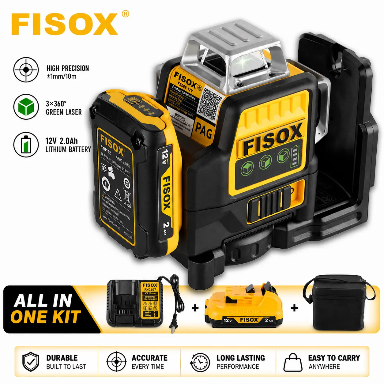 FISOX 3x360° Green Laser Level - 12V 2.0Ah Lithium Battery, ±1mm/10m High Precision, Magnetic Base & IP54 Waterproof Cross Line Laser for Construction