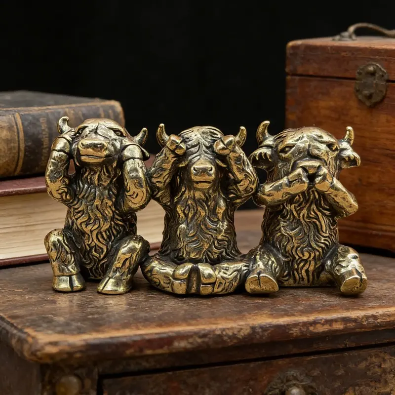Brass Three-Not Bull Statue Ornament, Figurine, Intricate Craftsmanship, Home Tea Pet Desktop Decor, Desktop Ornaments, Sculpture Desk Decor, Animal Enthusiast Collectible, Vintage Mini Art Piece, Decorative Piece, Decorative Statues