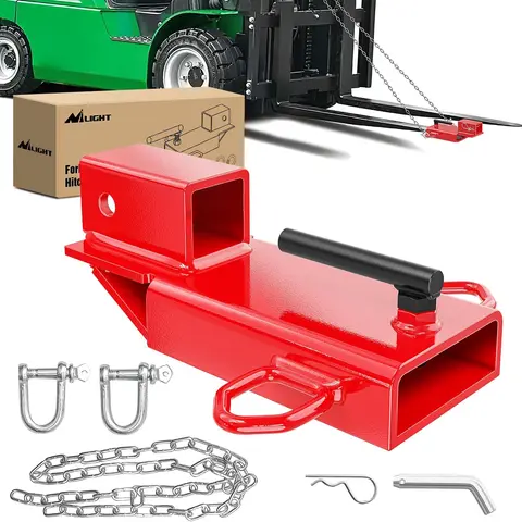 Nilight Rust-Resist Steel Dual Pallet Forklift Trailer Hitch Attachment - 2-In Receiver Clamp-On Adapter, 2 Handles, Safety Chain, 5/8-In Hitch Pin Clip, Red, Fits 4.3-In Forks, 3000 lbs Capacity for Construction, Agriculture, Industrial Use