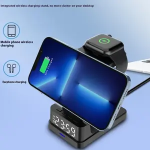 Magnetic Three-in-one 15W Wireless Charger With Clock Universal Input 9V3A Type-C Interface Black Electronic Cellphone