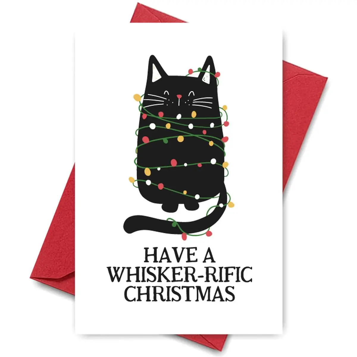 Christmas Lights Cat Card - "HAVE A WHISKER-RIFIC HOLIDAY" | Tangled Colorful Bulbs, Pink Nose Design, Suitable for Cat Parents, Punny Xmas