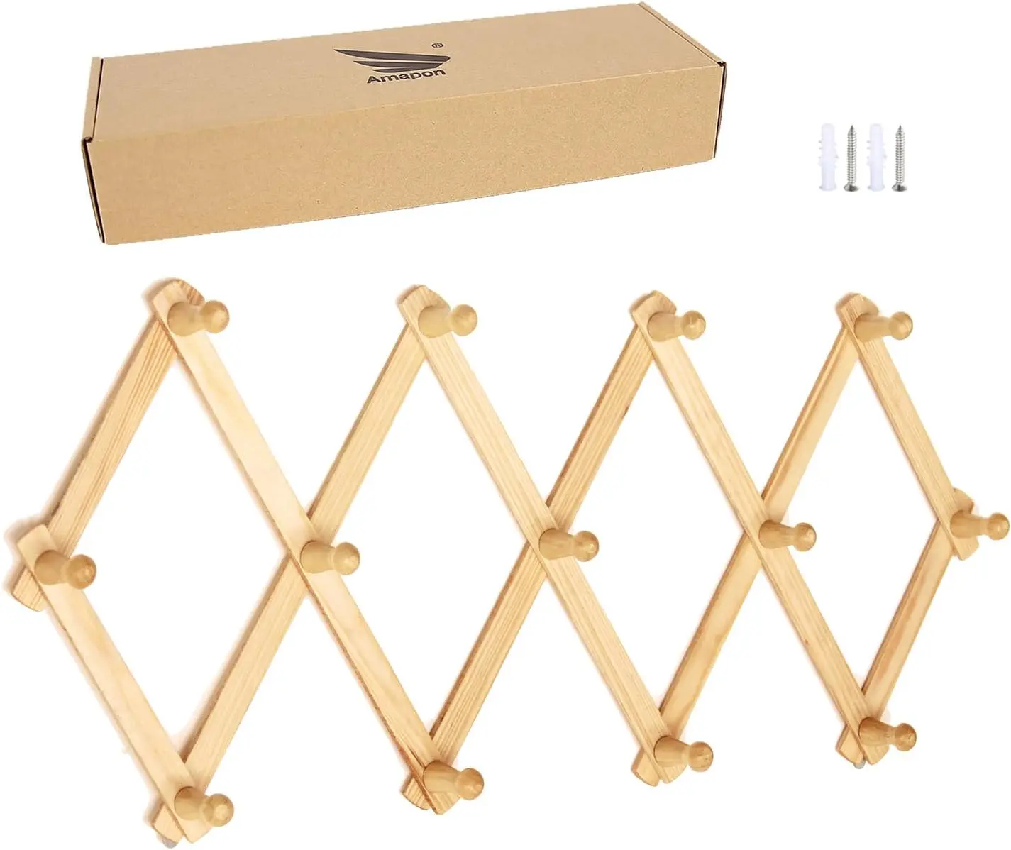 Accordion Style Expandable Wall Wooden Coat Rack 13 Hooks (Pegs) Hang Hats Jackets Coffee Mug Purses Necklaces Towels Cap Leash Scarves Data Line Kitchenware
