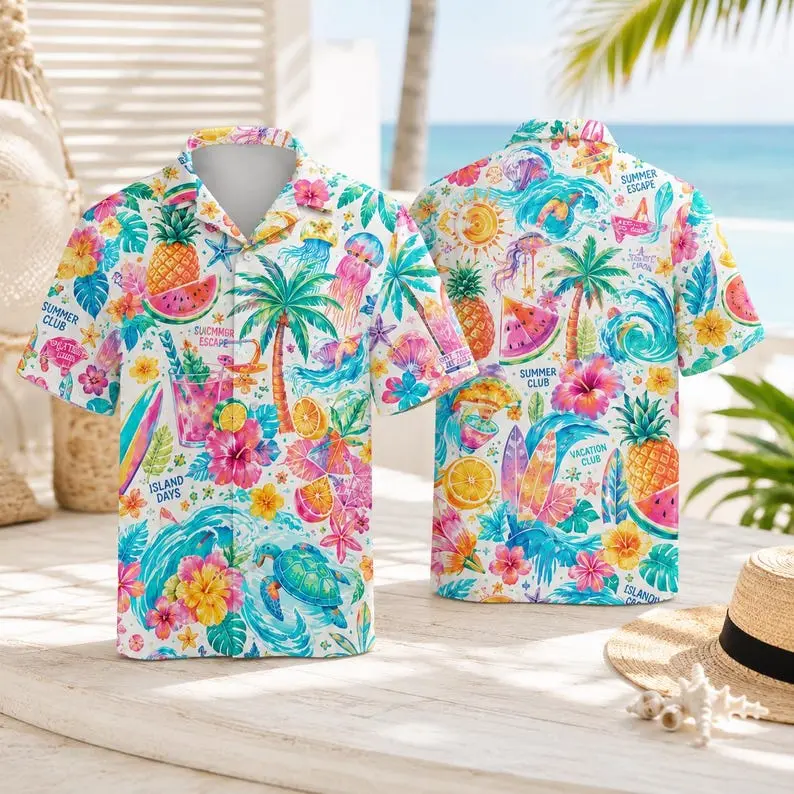 Colorful Tropical Hawaiian Shirt, Summer Vacation Aloha Shirt, Beach Resort Button Up, Island Travel Outfit, Floral Surf Shirt, Unisex Gift