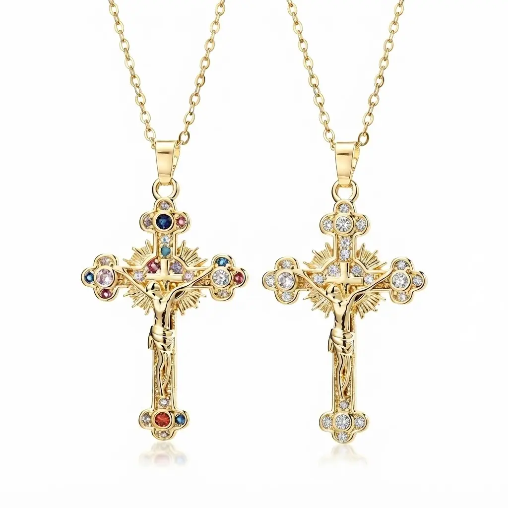 Gold Plated Baroque Cross Necklace for Women with Multicolored Crystal Accents, Hypoallergenic Adjustable Chain for Casual and Religious Wear, Cross Shape, Daily Wear, Crystals, Cross Pendant