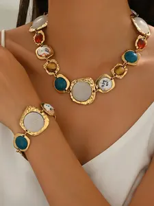 Vintage Exaggerated Fashion Jewelry Set, Geometric Irregular Design, Suitable for Women Daily Wear and Parties, Random Stone Color/position