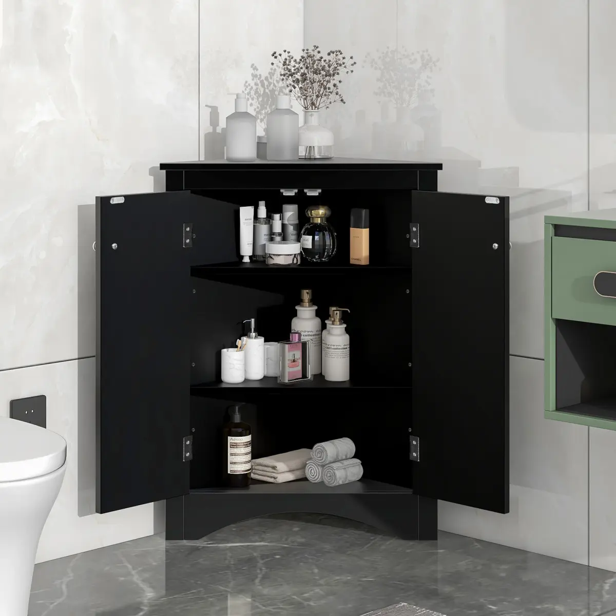 Black Triangle MDF Corner Storage Cabinet (23.60*12.87*31.5 inch) with Door, 2 Adjustable Shelves, 30LBS Per Shelf, Moistureproof Wall Cabinet, Assembly Required, Hardware Pack, Instruction for Bathroom, Living Room, Entryway, Corner Cabinet, Cabinet & Ha