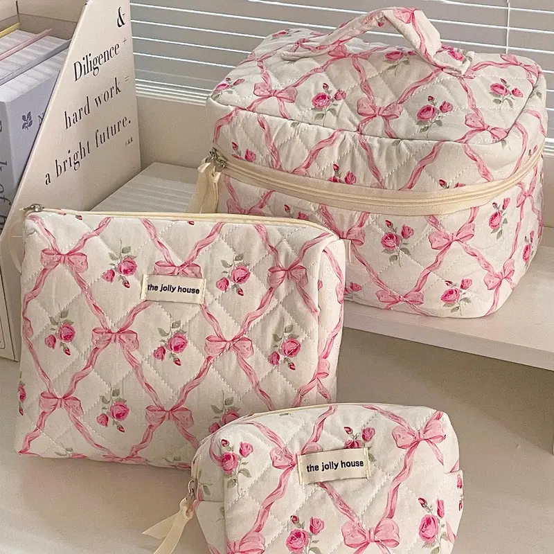 Bow & Floral Pattern Quilted Makeup Bags Set, Travel Essentials, Travel Beauty Bag, Zipper Makeup Organizer Pouch, Versatile Storage Bag for Skincare, Lotion, Cream, Lip Balm, Eyeliners, Mirror, Stationery, Cosmetics, Makeup Case