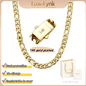 LuxeLynks 14k Gold-Plated 8mm Figaro Chain Bracelet or Necklace Classic Polished Finish Rust Prevention No Allergy Comfortable Wear 2026 Model New Year's Gift.Sizes from 16 inches to 30 inches are available.