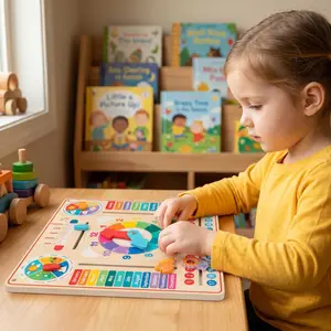 Wooden Calendar Clock Learning Board for Kids, Weather Season Month Date Time Teaching Toy, Preschool Educational Activity Board