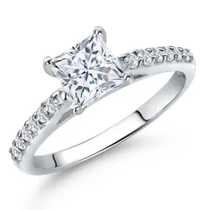 Gem Stone King 10K White Gold Princess 5MM Gemstone Birthstone and Lab Grown Diamond Engagement Ring For Women | Wedding Anniversary Promise Ring For Women | Size 5,6,7,8,9