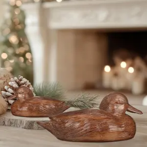 Realistic Wood Grain Duck Statue Set, 2pcs Resin Craft Decorations, Cross-Border Home Ornament, No Ca Prop 65 Warning