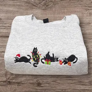 Embroidered Christmas Cat Sweatshirt, Playful Holiday Cat Lover Crewneck, Cute Christmas Sweater Gift