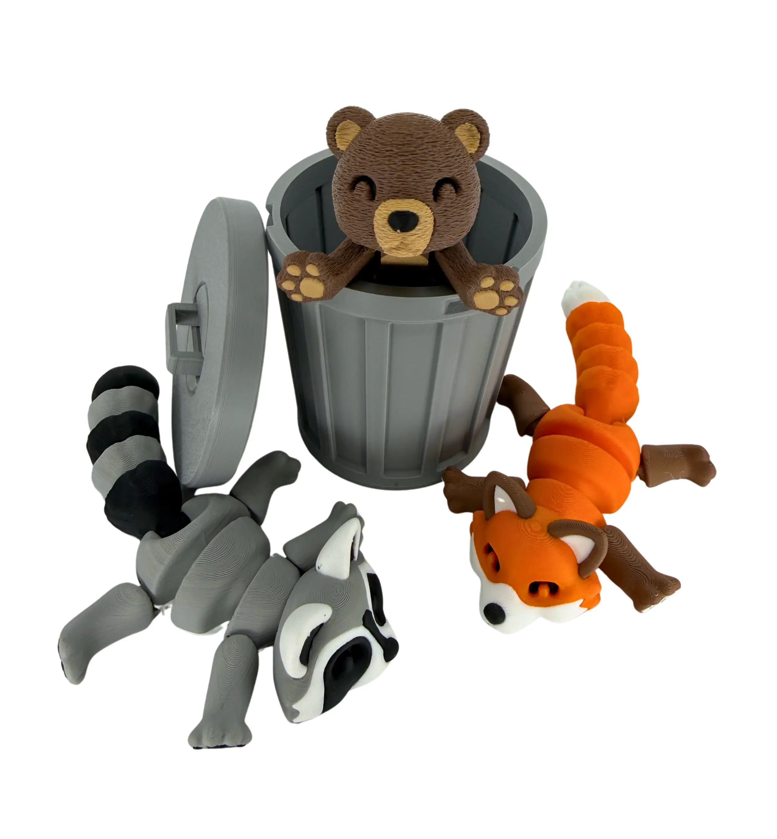 3D Printed Fidget Collectible Figurines - Trash Bear Racoon Fox Desk Buddies for Stress Relief and Decor