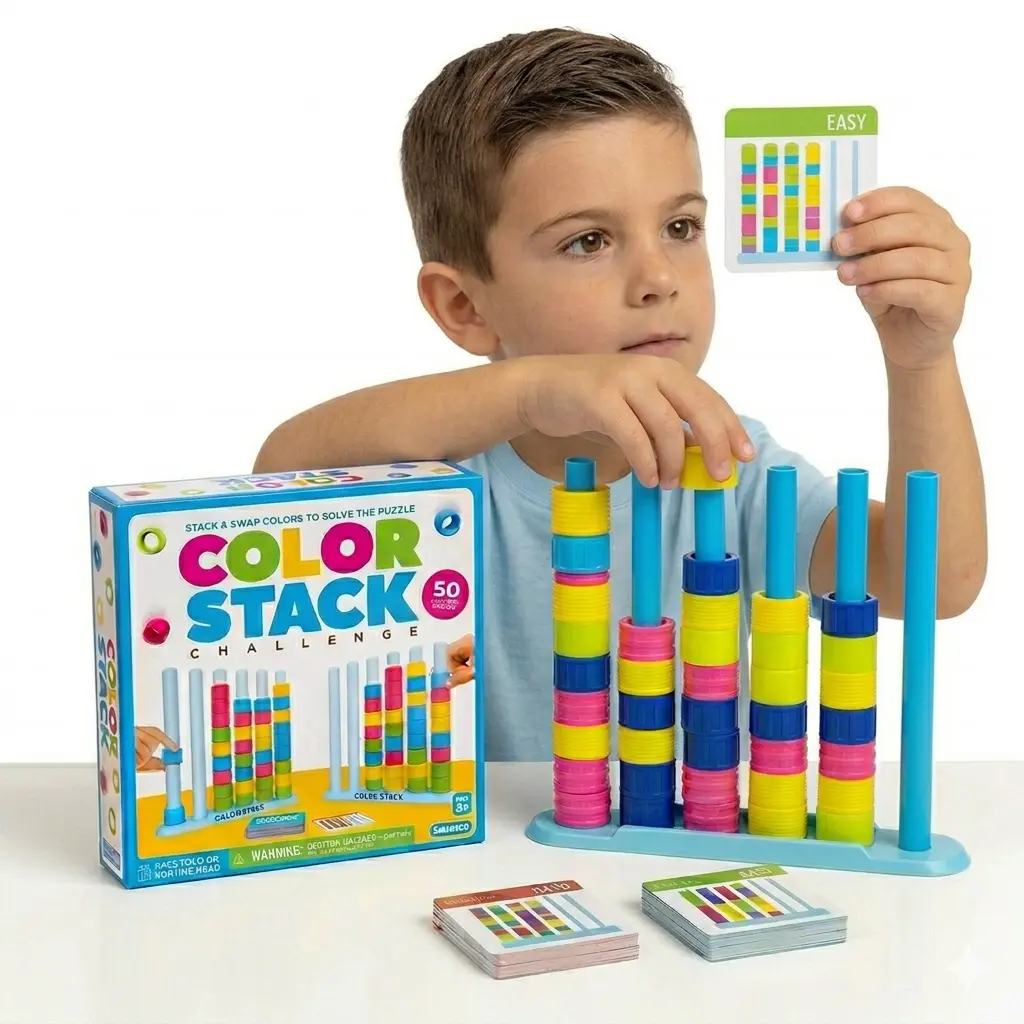 Educational Color Sorting Puzzle Game - Ring Matching Brain Teaser Puzzles for Ages 8+, STEM Logic & Strategic Thinking Cognitive/Playful Stacking Game with Challenge Cards, Interactive Learning Gift for Kids