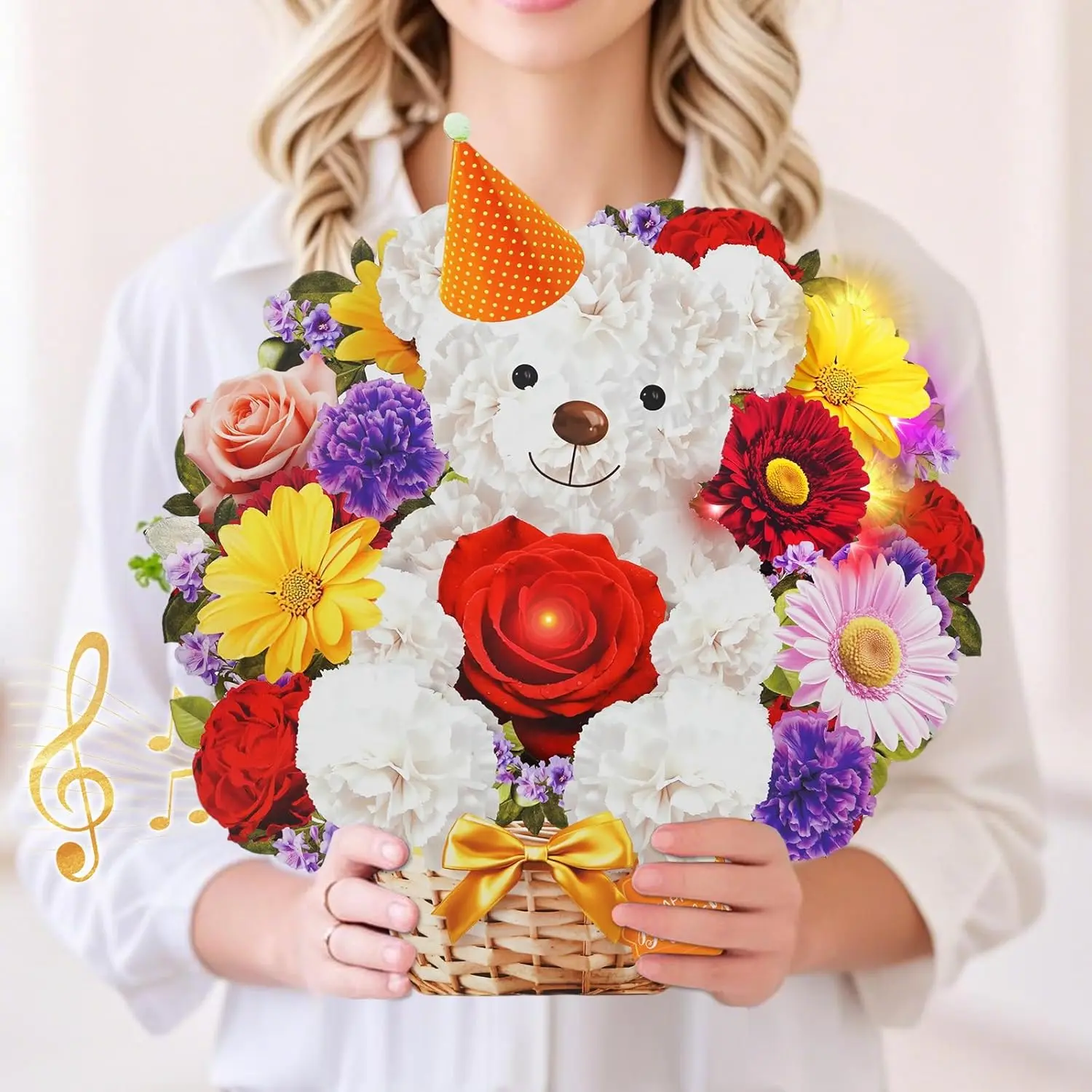 Birthday Card with Music & Lights for Women, 3D Pop Up Flower Bouquet Greeting Card, Happy Birthday Gift for Mom Wife Daughter Grandma Sister Friend, Cute Bear Daisy Musical Card, Unique Birthday Surprise Gift