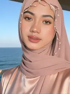 Elegant Pearl Chain Chiffon Headscarf, Pure Color Non-Elastic Daily Wear, Versatile Middle East Style, Perfect for Everyday Use