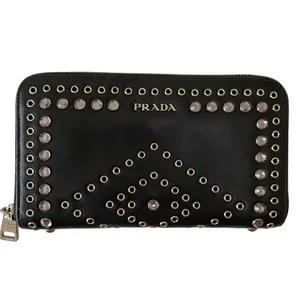 Pre-owned PRADA Wallet Small Leather Goods black leather studded zipper authentic with COA 45x75