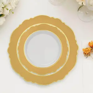 10-Pack Plastic Round Dessert Plates 8" White with Gold Blossom Design & Gold Edging - Disposable Salad Appetizer Plates for Modern & Sophisticated Tablescape