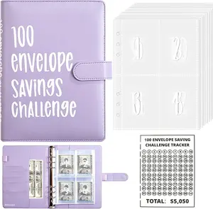 100 Envelope Challenge Binder – A5 Cash Stuffing Savings Book with 100 Transparent Money Pockets, Motivational Budget Planner to Save $5,050, Fun Savings Challenge Kit for Home & Travel (Black, Pink, Purple)