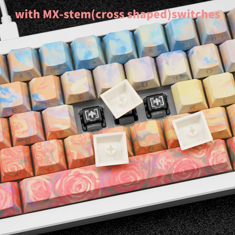 Rose Coast Gradient Oil Painting Style PBT Keycaps Compatible with 61/64/87/104/108 Cherry Switches Side-Engraved Transparent Keycaps Five-Sided Dye-Sublimation Custom Mechanical Keycaps Wear-Resistant Non-Transparent