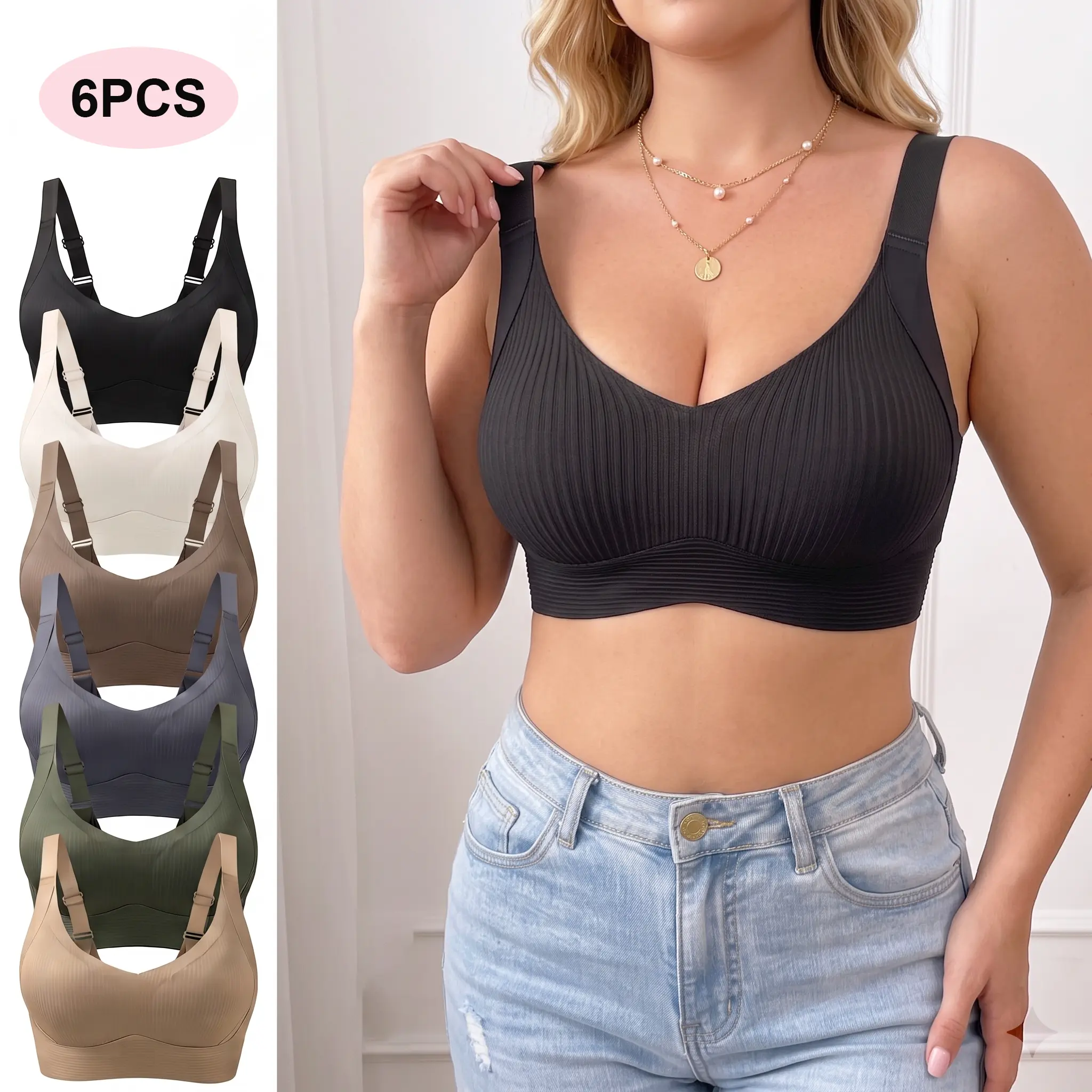 Women's 6PCS Seamless Wireless Bras V-Neck Full Coverage Soft Bralettes with Back Smoothing, Wide Adjustable Straps, Removable Pads, High Stretch Breathable Light Support for Everyday Yoga Lingerie outdoor use