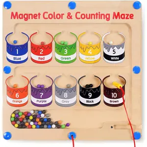 P-JP04   Magnetic Color and Number Maze - Educational Fine Motor Skills Toys for Boys Girls 3 4 5 Years Old, Wooden Color Matching Learning Counting Toddler Puzzle Board