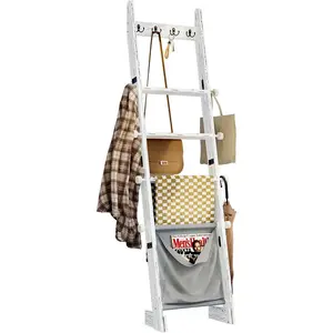 Blanket Ladder for Living Room, 5-Tier Wooden Blanket Ladder, 5.3Ft Wall Leaning Quilt Ladder for Bedroom, Rustic Decorative Farmhouse Blanket Rack with Fabric Bag, Metal Hooks, Side Hooks,White